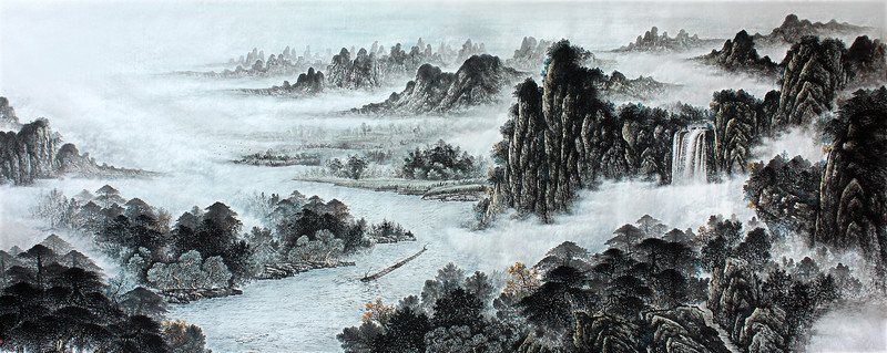 國畫淡彩山水畫