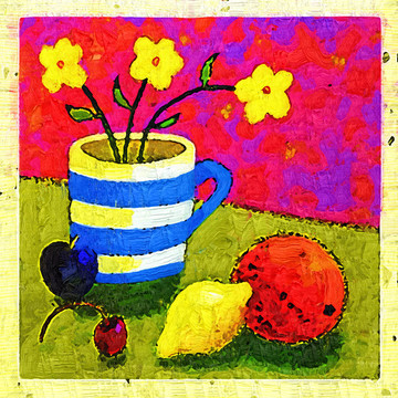 裝飾畫 無框畫 油畫 花瓶與水果