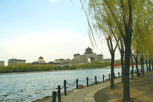 湖邊柳樹(shù)和北京西客站