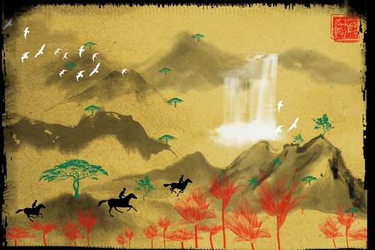 懷舊無(wú)框大自然山瀑布飛裝飾畫(huà)