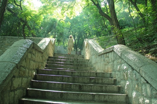 濟南晨曦中登千佛山的游人