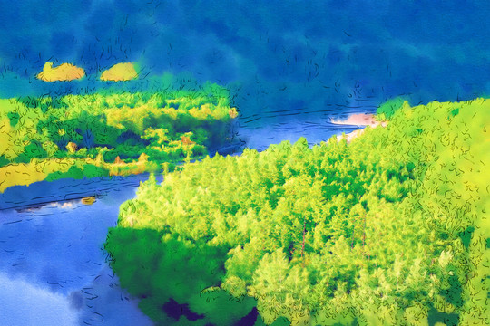 森林河景圖 電腦油畫