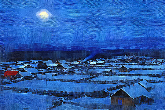 山村月色圖 電腦油畫(huà)