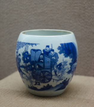 青花山水人物罐