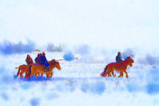 草原踏雪圖 電腦水彩畫