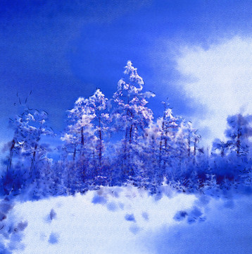 森林雪韻 電腦水彩畫