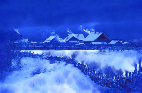 雪鄉(xiāng)冬韻圖 電腦水彩畫