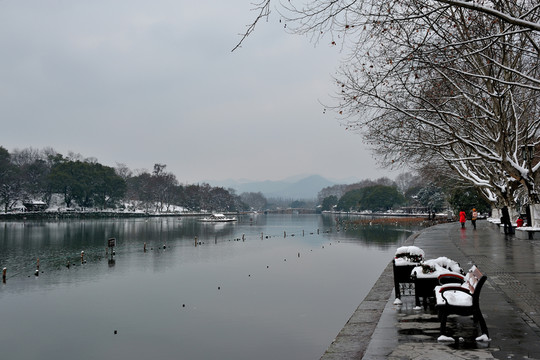杭州 西湖 湖泊 雪景 冬季