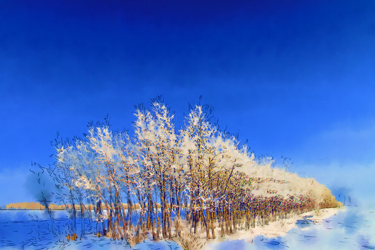 原野雪林圖 電腦水彩畫