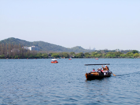 西湖 楊公堤 春季 夕陽(yáng) 游船