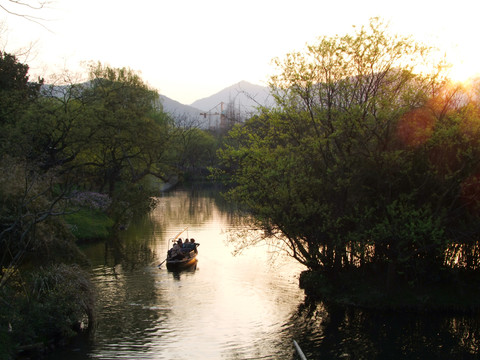 西湖 楊公堤 春季 夕陽 游船