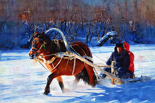 馬拉爬犁踏雪圖 電腦油畫(huà)