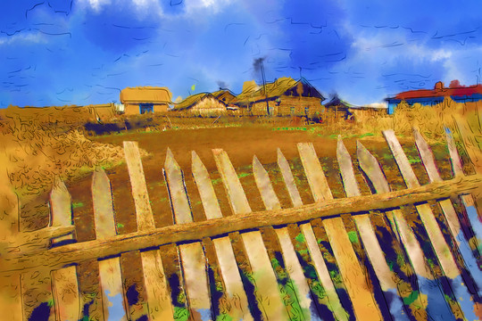 山村農(nóng)居圖 電腦水彩畫