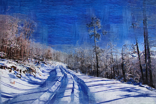 森林雪路圖 電腦油畫(huà)