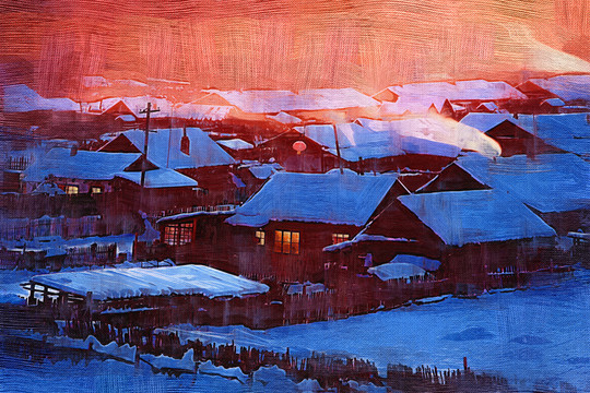 雪鄉(xiāng)山村暮色美 電腦油畫