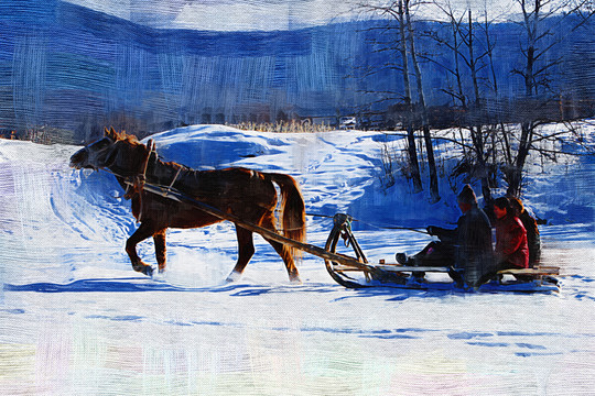 馬拉爬犁踏雪圖 電腦油畫(huà)