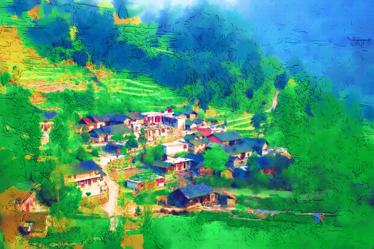 山村春意濃 電腦水彩畫