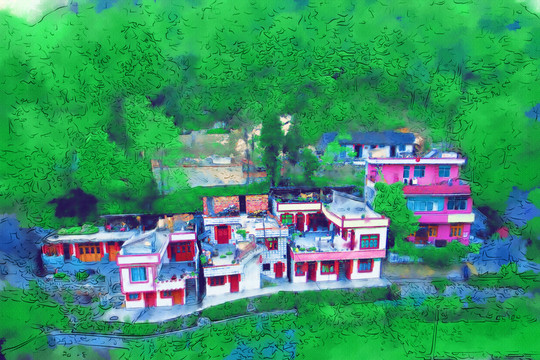 山村農(nóng)居圖 電腦水彩畫