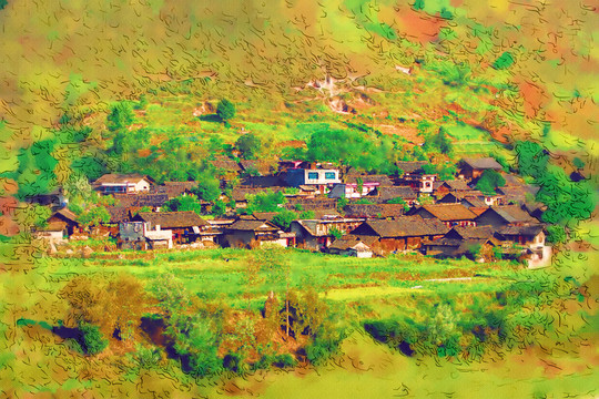 山村農(nóng)家 電腦畫