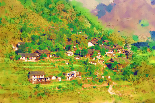 山村春意濃 電腦水彩畫
