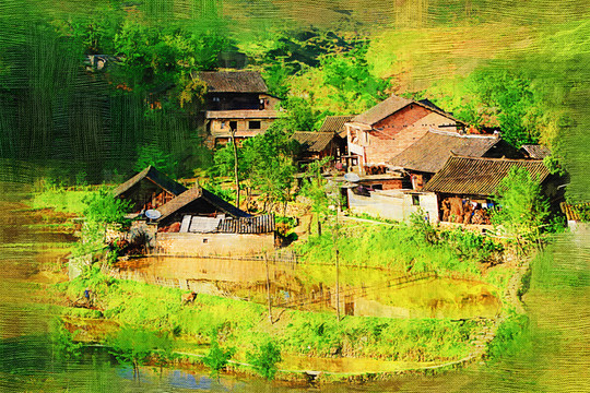 山村春色圖 電腦油畫(huà)