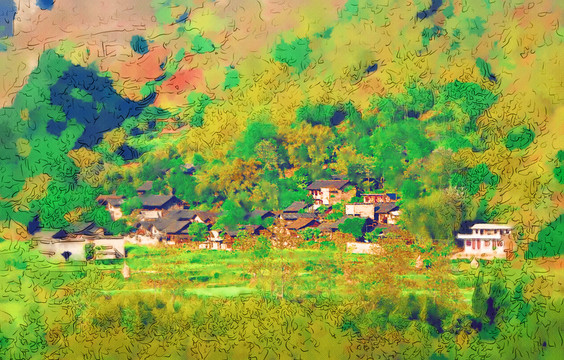 山村春意濃 電腦水彩畫