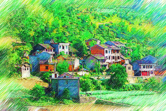 山村農(nóng)居圖 電腦水彩畫