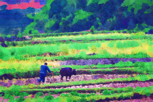 春耕圖 電腦水彩畫