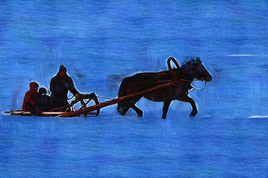 馬拉爬犁踏雪圖 電腦油畫(huà)