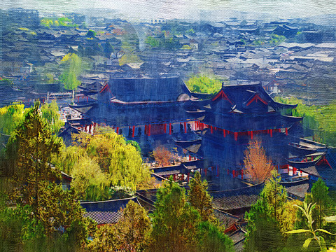 麗江古城 電腦油畫
