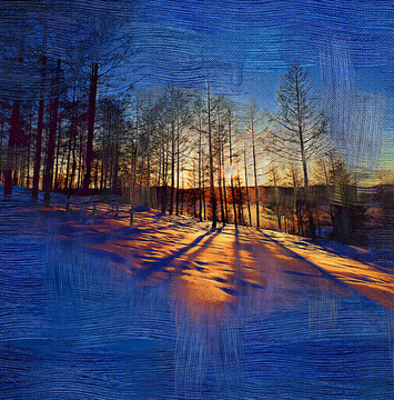 雪林夕照 電腦油畫