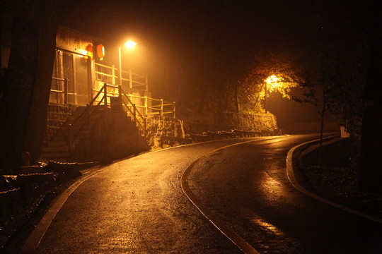 雨夜路燈下的柏油路