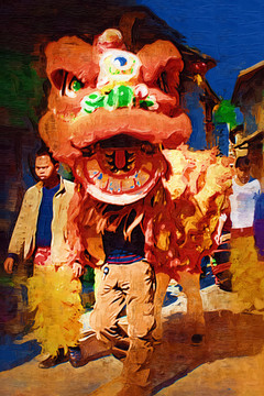 舞獅油畫(huà)