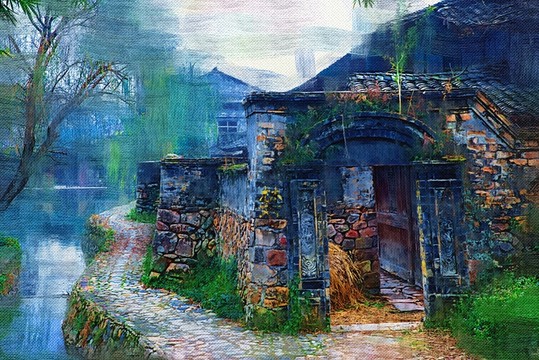 古建筑 油畫