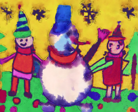 水彩畫 堆雪人