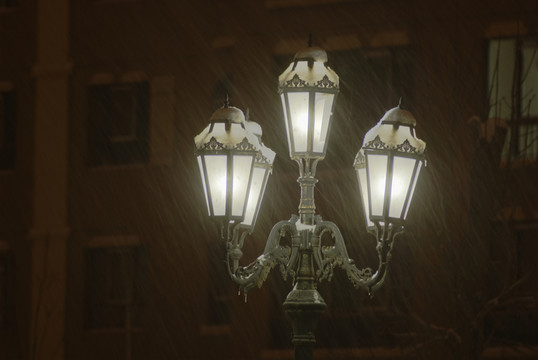 路燈 燈光 雪花 飛舞 靜夜