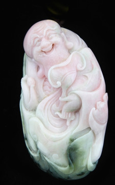 獨山玉粉彩雕彌勒佛手把件