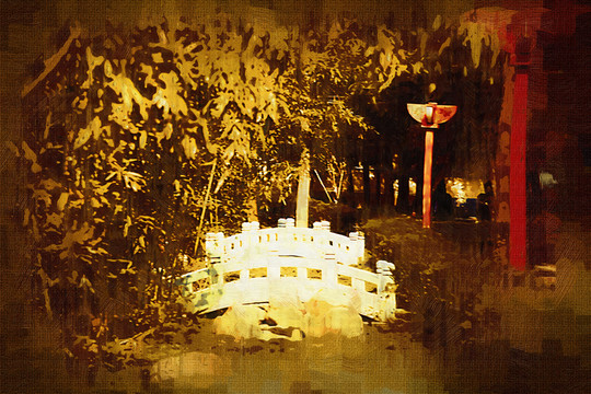 油畫(huà) 石橋竹林