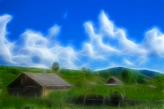 電腦畫(huà) 山村人家