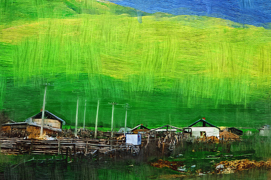 電腦油畫 山村