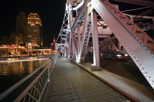 中國 天津 解放橋 海河 夜景