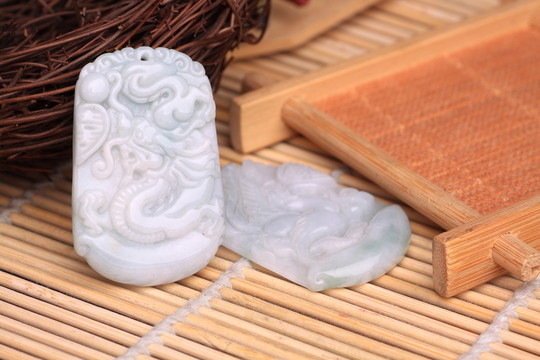 龍鳳對玉牌 青玉 玉龍 玉鳳