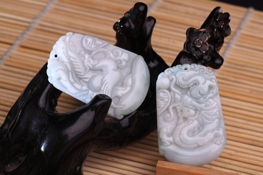 龍鳳對(duì)玉牌 青玉 玉龍 玉鳳