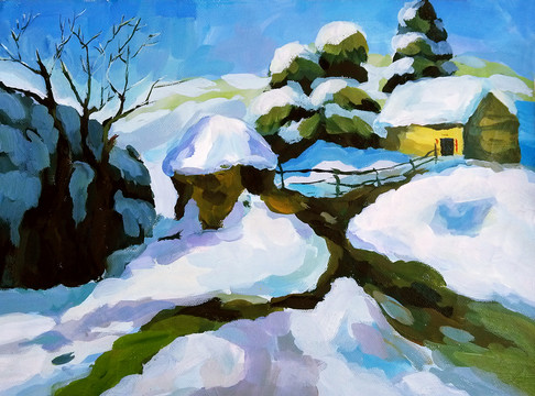 油畫 水粉畫 雪景