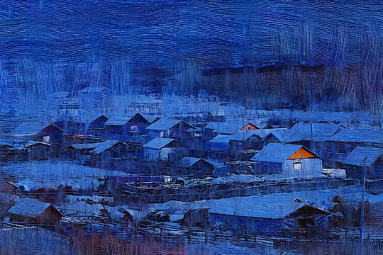 電腦畫 雪村之夜