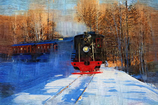 電腦油畫 林海雪原火車