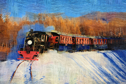電腦油畫 林海雪原火車