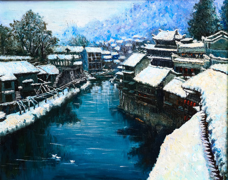 油畫雪下村莊