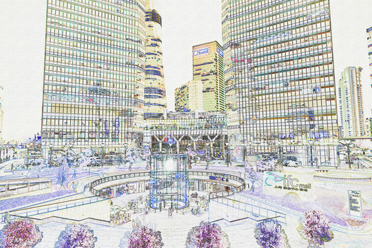 上海陸家嘴建筑彩色線描