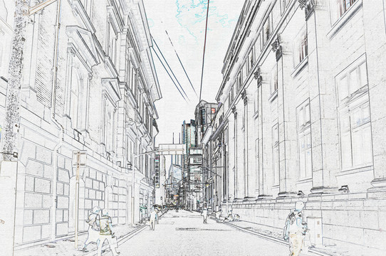 上海外灘建筑彩色線描